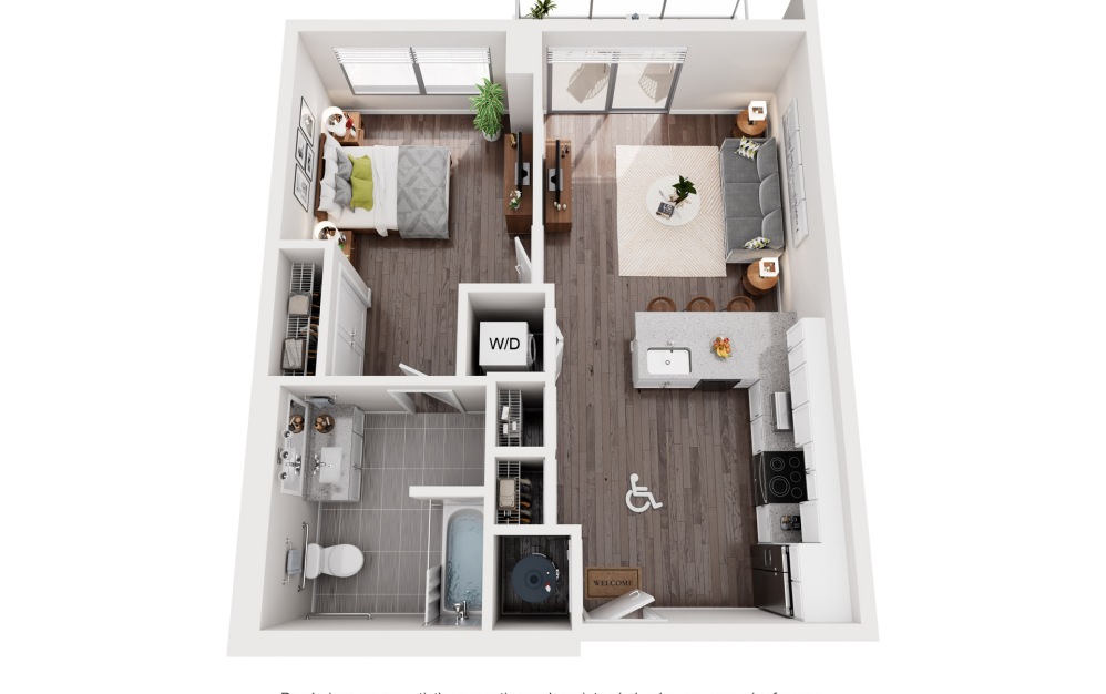 B3.A - Accessible - 1 bedroom floorplan layout with 1 bathroom and 640 square feet