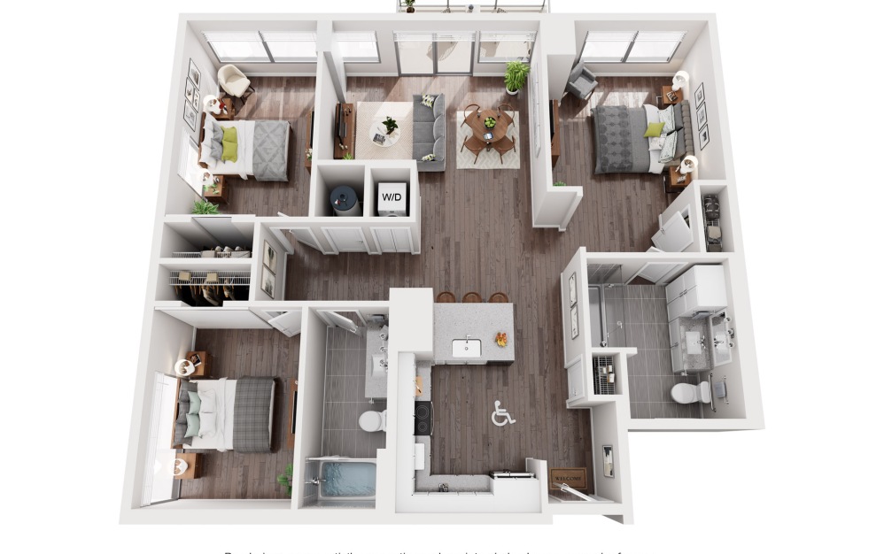 D1.A - 3 bedroom floorplan layout with 2 bathrooms and 1190 square feet