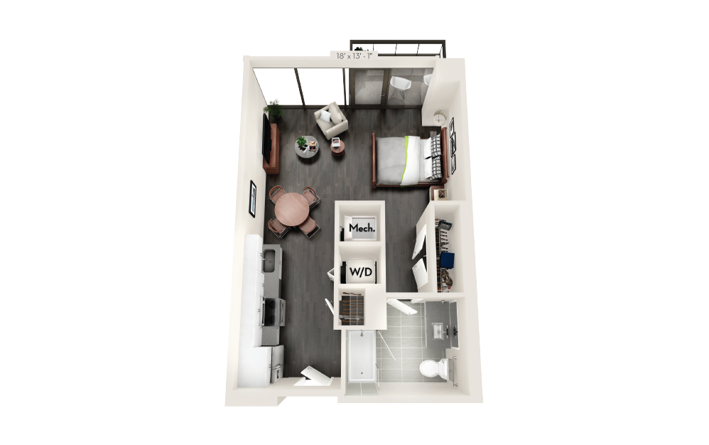 A1 - Studio floorplan layout with 1 bath and 547 square feet.