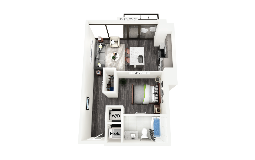 A2 - Studio floorplan layout with 1 bath and 586 square feet.