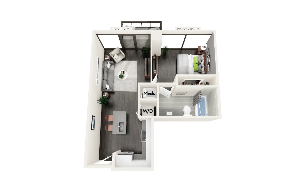 B1 - 1 bedroom floorplan layout with 1 bath and 618 square feet.