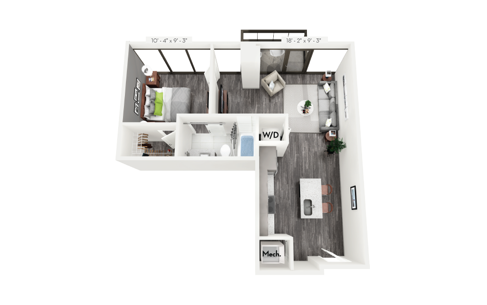 B2 - 1 bedroom floorplan layout with 1 bath and 635 square feet.