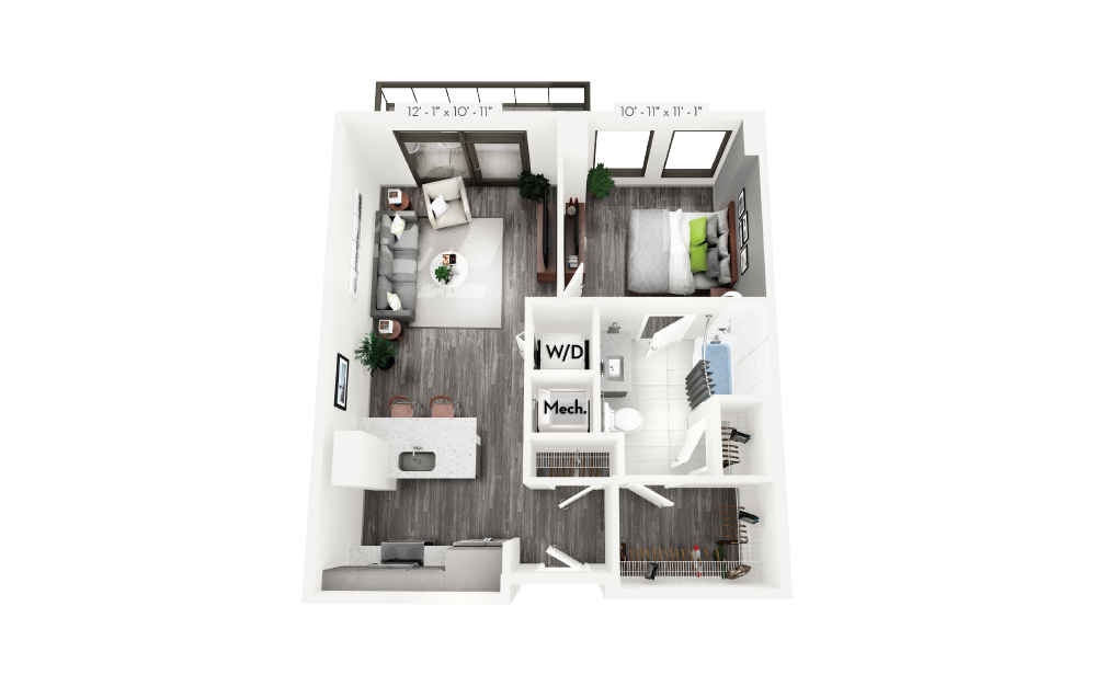 B4 - 1 bedroom floorplan layout with 1 bath and 664 square feet.
