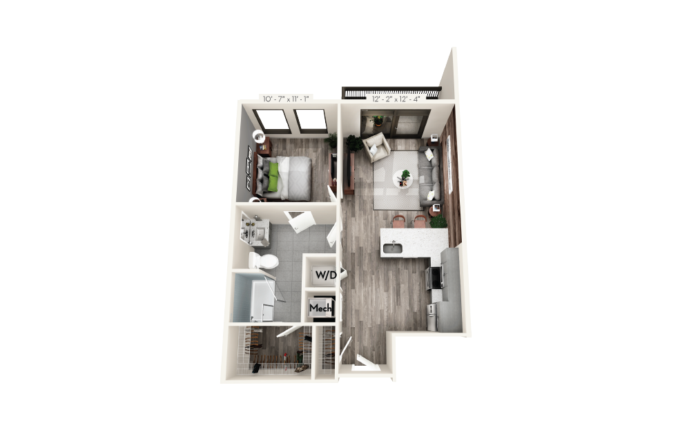 B5 - 1 bedroom floorplan layout with 1 bath and 681 square feet.