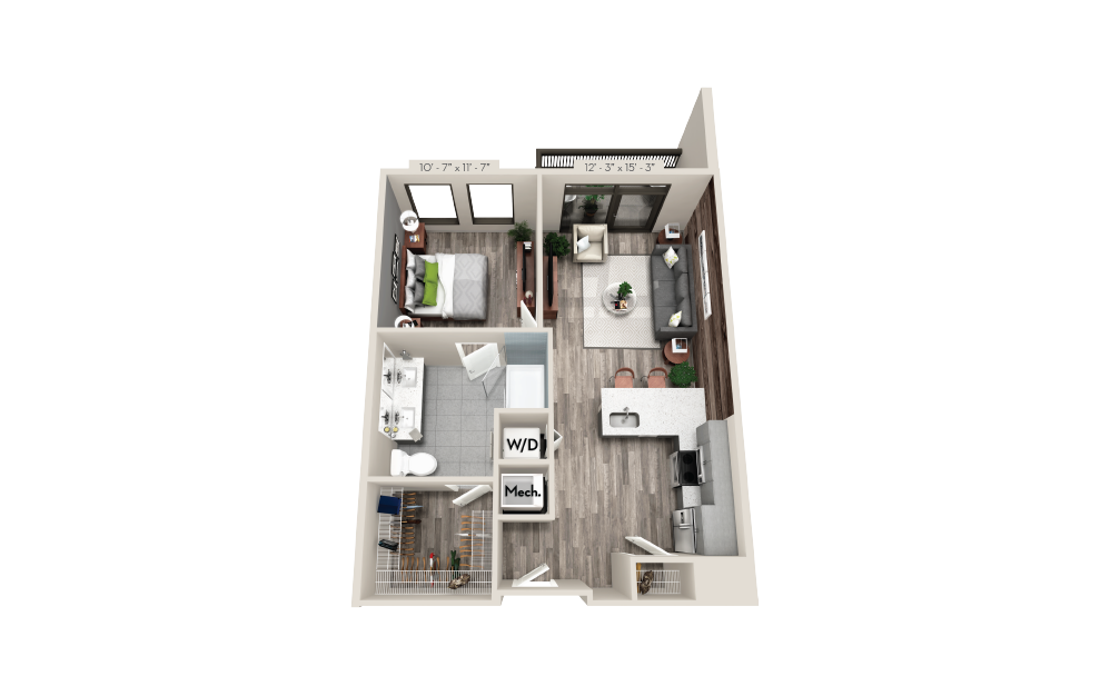 B6 - 1 bedroom floorplan layout with 1 bath and 713 square feet.