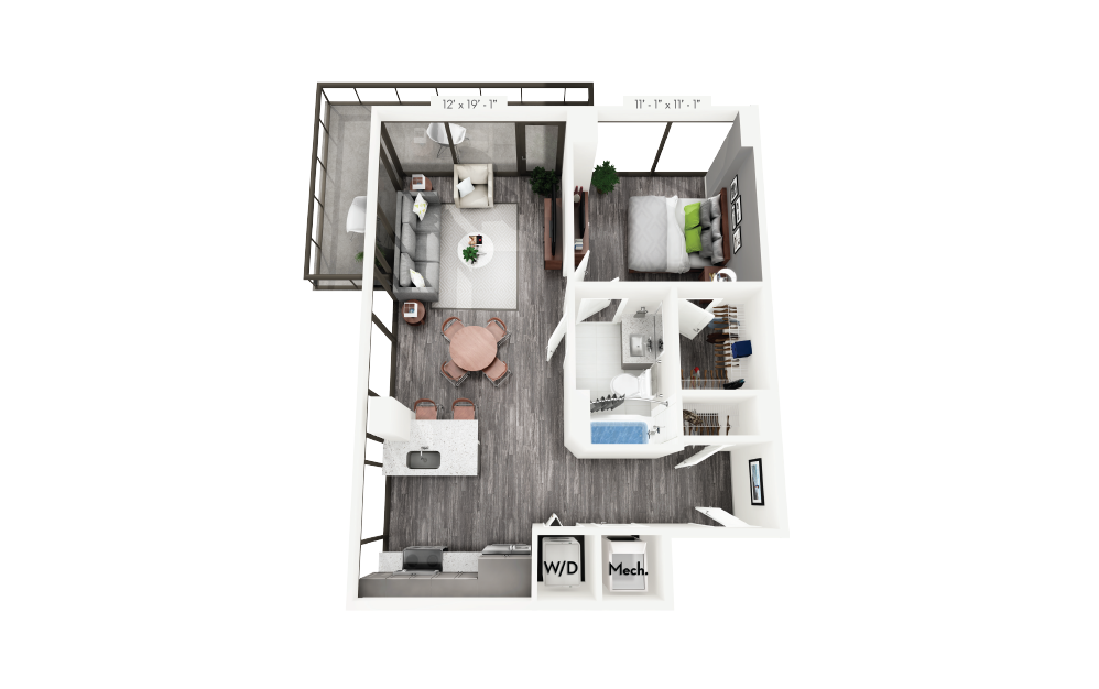 B8 - 1 bedroom floorplan layout with 1 bath and 719 square feet.