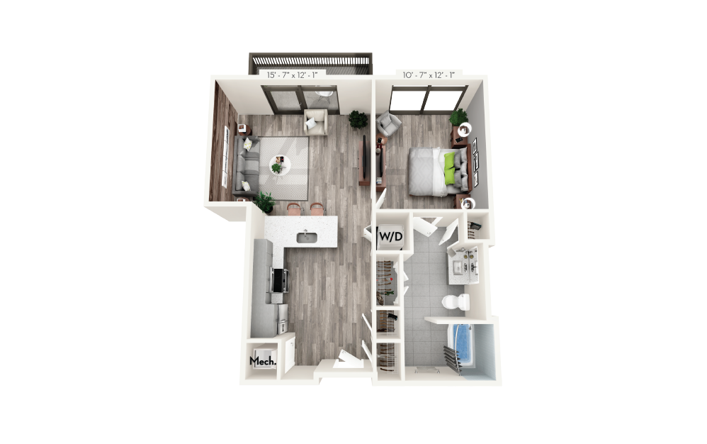B9A - 1 bedroom floorplan layout with 1 bath and 761 square feet.