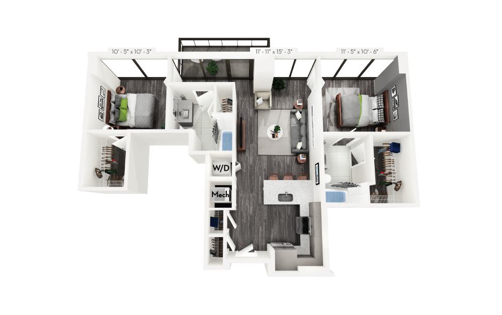 C1 - 2 bedroom floorplan layout with 2 baths and 957 square feet.