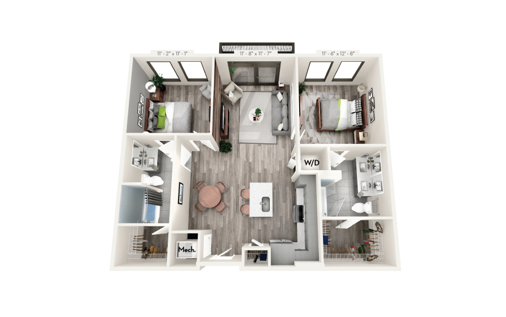 C4 - 2 bedroom floorplan layout with 2 baths and 1058 square feet.