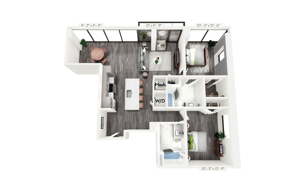 C6 - 2 bedroom floorplan layout with 2 baths and 1152 square feet.