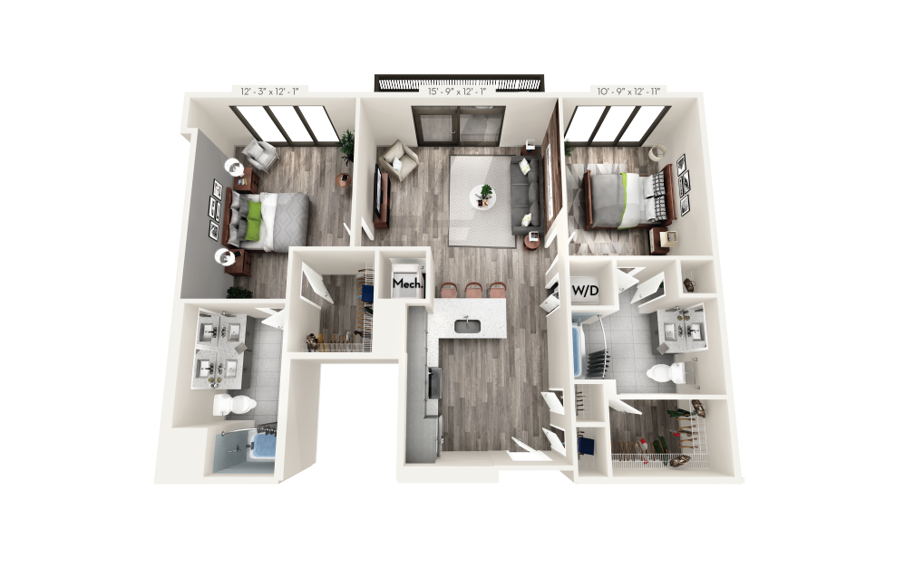 C7 - 2 bedroom floorplan layout with 2 baths and 1159 square feet.