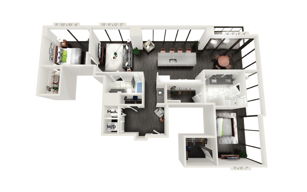C8 - 2 bedroom floorplan layout with 2 baths and 1425 square feet.