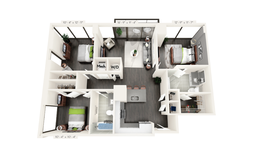 D1 - 3 bedroom floorplan layout with 2 baths and 1190 square feet.