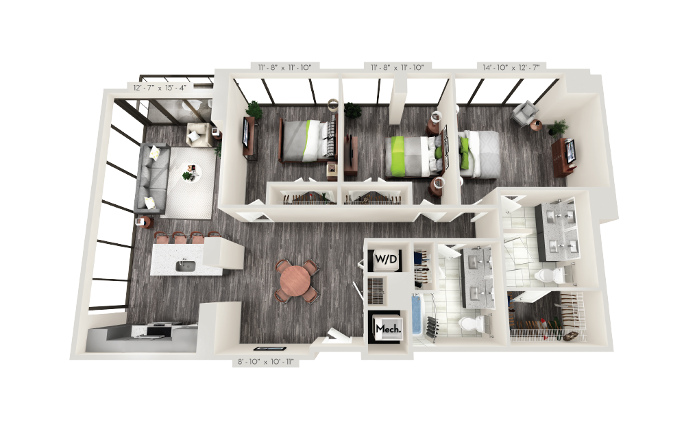 D2 - 3 bedroom floorplan layout with 2 baths and 1513 square feet.